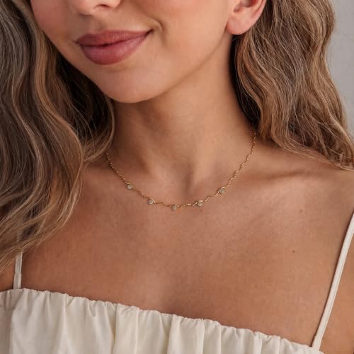 Dainty Gold Twisted Chain Wave CZ Charm Choker Clavicle Necklace for Women | Waterproof Hypoallergenic Stainless Steel ,Minimal Delicate Layering Jewelry Gifts for Summer Daily