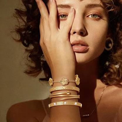 Stackable Gold Bracelets for Women - 4 Sets, 18K Gold Plated Bracelets, Stainless Steel Bangle Bracelets Non-Tarnish, Stylish Gold Jewelry Ensemble, Valentine's Day, Birthday and Christmas Jewelry Gifts - color: A2-(Gold 4Sets)
