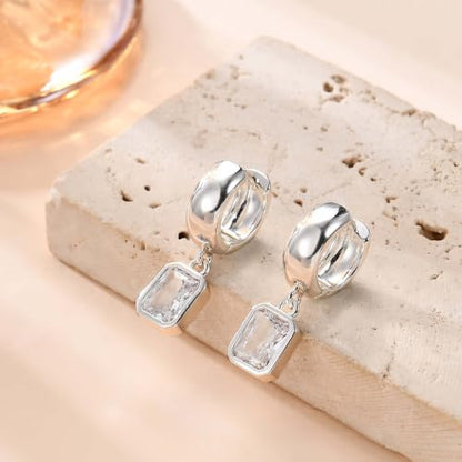 Gold Chunky Dangle Earrings for Women, Bezel Set Cubic Zirconia Charm | 14K Gold Silver Plated, Statement Huggie Hoops Drop Earrings, Trendy Jewelry Gifts, High Grade CZ, Hypoallergenic Lightweight - color: SL-Rectangular CZ Hoop