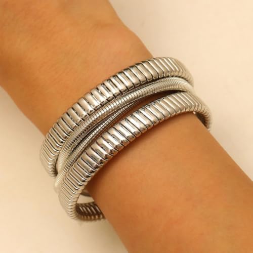 Chunky Gold Layered Cuff Bracelet for Women Men, Modern Geometric Textured Twisted Wide Open Bangle Bracelet Y2k Trendy Statement Jewelry Punk Gifts - color: Silver