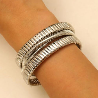 Chunky Gold Layered Cuff Bracelet for Women Men, Modern Geometric Textured Twisted Wide Open Bangle Bracelet Y2k Trendy Statement Jewelry Punk Gifts - color: Silver