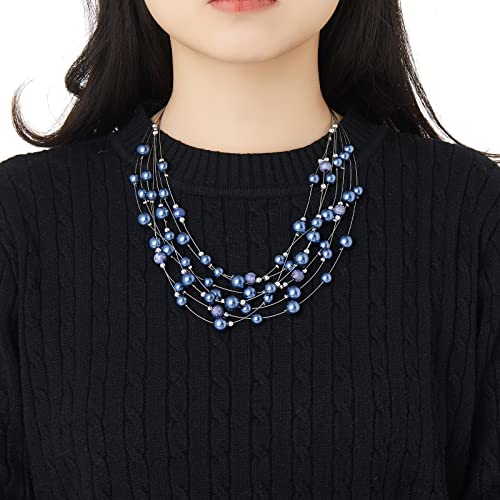 FULU AUTUMN Layered Pearl Necklace Multi-strand Pearl Choker Necklaces for Women Beaded jewelry for Wedding Parties - color: 37-Blue
