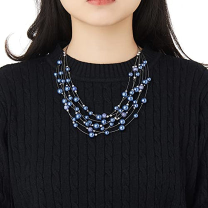 FULU AUTUMN Layered Pearl Necklace Multi-strand Pearl Choker Necklaces for Women Beaded jewelry for Wedding Parties - color: 37-Blue