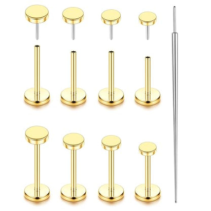 YADOCA Threadless Flat Back Earrings Gold Nose Studs Surgical Steel | Push-in flat back design for cartilage tragus helix conch and medusa piercings, gold plated stainless steel studs - color: Gold Round, size: 16G(1.2MM)