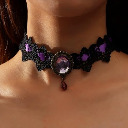 Dainty Black Lace Crystal Choker Necklace Lace Gothic Choker for Women for Halloween Weeding Costume Party Prom Vampire Choker - color: Purple