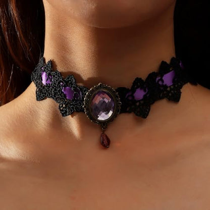 Dainty Black Lace Crystal Choker Necklace Lace Gothic Choker for Women for Halloween Weeding Costume Party Prom Vampire Choker - color: Purple