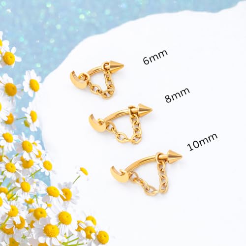 3 Pcs 316L Stainless Steel 16G Tragus Helix Rook Piercing Jewelry with Chain, Cartilage Earrings for Women, Belly Button Ring Vertical Labret Lip Piercing Jewelry - color: Gold, size: Moon
