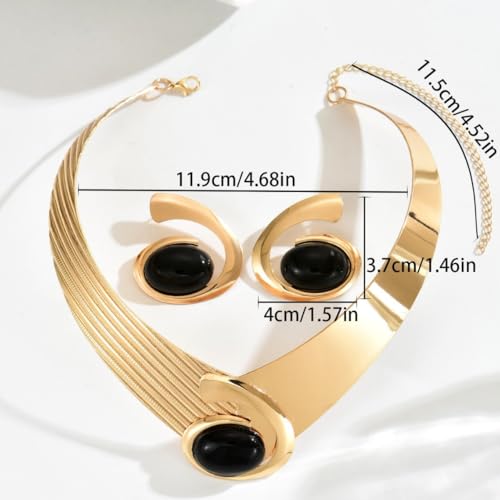 Gold Jewelry Set Vintage Spiral With Oval Black Acrylic Pendant Necklace Earrings Bracelet Ring Set Bohemian Trendy Party Jewelry For Women - style: AA