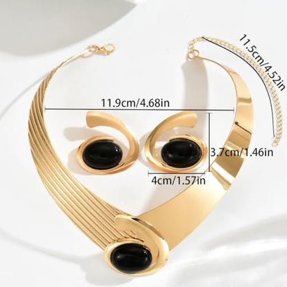 Gold Jewelry Set Vintage Spiral With Oval Black Acrylic Pendant Necklace Earrings Bracelet Ring Set Bohemian Trendy Party Jewelry For Women - style: AA