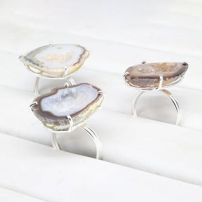 Geode Ring Set with Agate and Quartz Crystals,Stone Sizes 25-30mm - color: Brown, style: 1