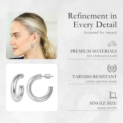 18K Gold Plated Sterling Silver Earrings for Women – Pure & Polished, Twist, Square, Hinged Tube, Abstract & Heart Shape Hoops – Lightweight, Hypoallergenic, Non-Tarnish Jewelry (Sizes: 3x35mm-46x30mm) - color: Silver, size: Polish Hoop (5x25mm)