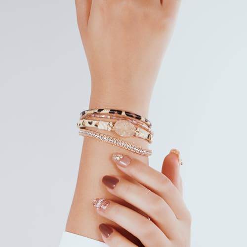 Boho Leather Wrap Bracelets Beaded Stackable Cuff Bracelet Country Concert Outfits Cowboy Cowgirl Western Jewelry Gifts for Women - color: Stone-Leopard