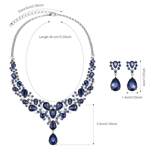 Hicarer Bridal Teardrop Cluster Crystal Jewelry Set for Women Necklace Earrings Wedding - color: Dark Blue