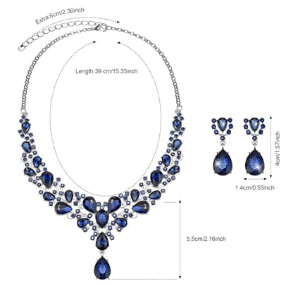 Hicarer Bridal Teardrop Cluster Crystal Jewelry Set for Women Necklace Earrings Wedding - color: Dark Blue