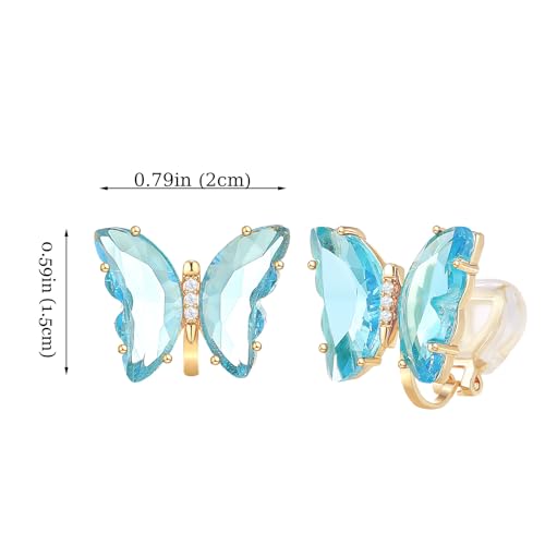 YOQUCOL Butterfly Shape Crystal Clip On Earrings Non Pierced Golden Stud for Women - color: Light Blue