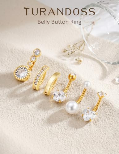 Hypoallergenic Belly Button Ring for Women | 14G, Stainless Steel, Gold Heart CZ Beaded Ball Pearl Belly Ring Stack, Curved Navel Belly Button Piercing Body Jewelry, 9PCS - color: 6PCS-14K Gold Plated