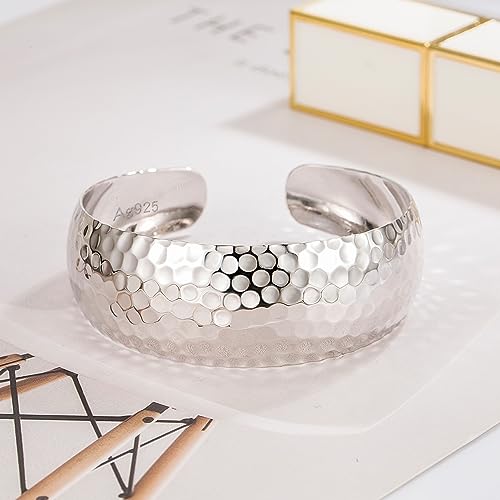 Dankadi 925 Sterling Silver Polished Hammered Bangle for Women Wide Cuff Groove Open Bracelet Adjustable Handmade Jewelry Gift