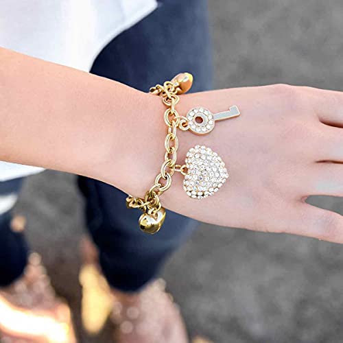 SILANER Gold Chain Link Bracelet - 7"+ 2" Extender 14K Gold Plated Love Locked Bracelets for Women, with Crystal, Love Heart,Key, Lock, Charm Bracelet - color: Love Locked Gold Charm