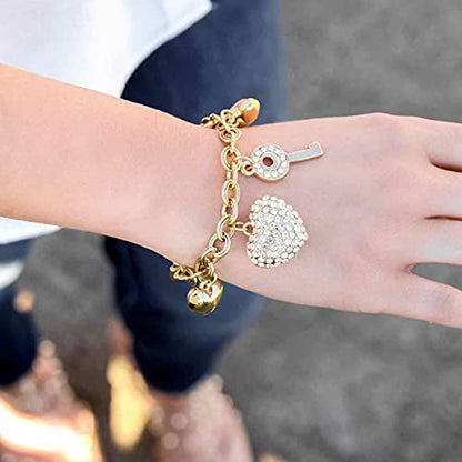 SILANER Gold Chain Link Bracelet - 7"+ 2" Extender 14K Gold Plated Love Locked Bracelets for Women, with Crystal, Love Heart,Key, Lock, Charm Bracelet - color: Love Locked Gold Charm