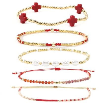 5Pcs Stack Gold Plated Ball Beaded Bracelets Set for Women, Boho Handmade Colorful Glass Pearl Stretch Accessories Jewelry, Summer Beach Daily Wear Holiday Friendship Gift - color: Red Cross