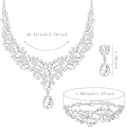 NEWITIN 4 Pieces Crystal Jewelry Set for Women Wedding Costume Accessories | Hypoallergenic, Cubic Zirconia, Necklace Earrings Bracelet, Tennis, Silver Jewelry for Wedding Bride Bridesmaid Party Prom - color: Silver Shiny