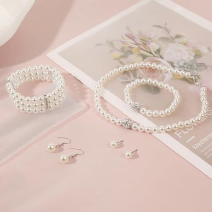 Pearl Jewelry Set for Women Faux Pearl Costume Jewelry Set with Necklace, Bracelets, Ring, Earrings for Wedding Bridal Birthday Tea Party - color: 5Pcs White