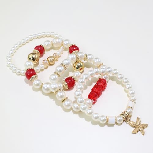 Bohemian Pearl Bracelet Set, 4 Piece Elastic Stretch Beaded Wrist Chain with Starfish Pendant, Boho Faux Pearl Multi-Color Stackable Bracelets for Women - color: Red