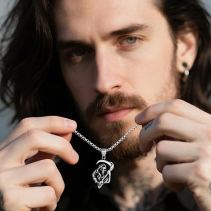 Stainless Steel Gothic Y2K Punk Rock Emo Biker Pendant Necklace | Cosplay Vintage Viking Alt Edgy Fashion Charm Necklace Jewelry for Men Women Active Daily Wear - style: Death Scythe Skull