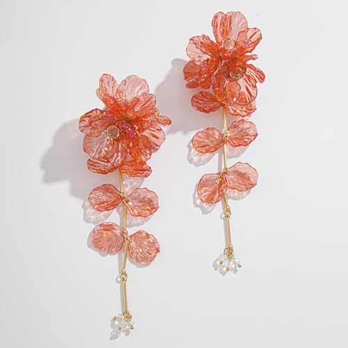 Fabric Flower Earrings for Women Colorful Long Tassel Floral Drop Earrings Fashion Boho Exaggerated Statement Beach Party Jewelry - color: acrylic red