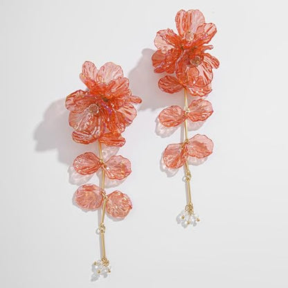 Fabric Flower Earrings for Women Colorful Long Tassel Floral Drop Earrings Fashion Boho Exaggerated Statement Beach Party Jewelry - color: acrylic red