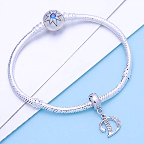 925 Sterling Silver Charms Alphabet Beads fit Pandora Charm Bracelets A-Z Letter Initial Spacer Dangle Clear CZ Stone Authentic for Snake Chain Bracelets - color: D
