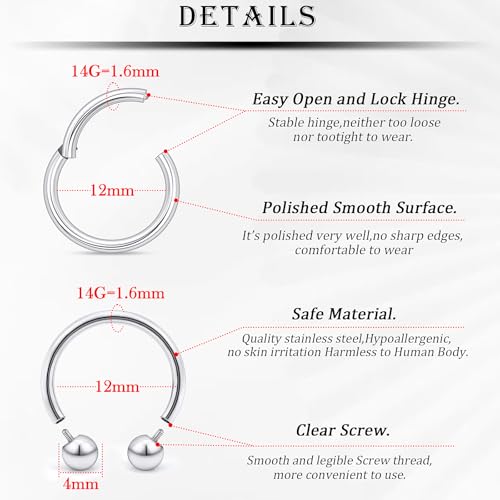 18G-2G Septum Rings 316L Surgical Steel Horseshoe Gauges Earrings Septum Nose Ring Silver Cartilage Helix Tragus Daith Rook Earring Hoop Lip Piercing Jewelry for Women Men - style: 14G(1.6mm)-Dia:12mm