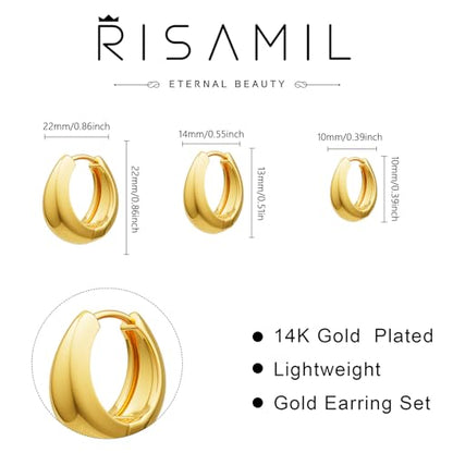 Risamil 3Pairs Gold Hoop Earrings for Women Trendy, 14K Gold Plated Hoops Huggie Earrings Dainty Chunky Earring Stacks Cute Earring Set Gold Jewelry Set for Women Gifts Fashion Accessories - color: 3 pair gold hoop earrings