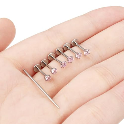 20G 18G 16G F316 Titanium Flat Back Nose Rings Studs Hypoallergenic Screw on Tragus Helix Cartilage Earrings Stud Piercing Jewerly for Women Men Bars 6mm - style: 16G Flat Back Nose Studs-bars 7mm-Pink CZ