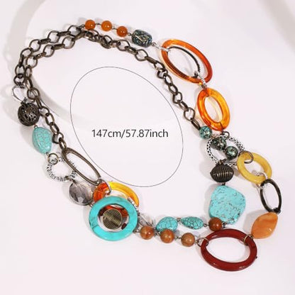 NewZenro Turquoise Colorful Beaded Long Strand Chain Necklaces for Women | Boho Layered Geometric Circle Resin Wooden Beaded Statement Necklace