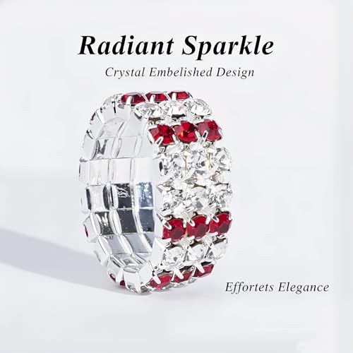 Sparkling Rhinestone Ring Set Trendy Elastic Rhinestone Crystal Stretch Ring Stackable Jewelry for Women Girls - color: 3 Rows Ring-White+Bright Red