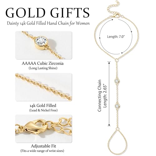 Waterproof 14K Gold Plated Hand Chain for Women Trendy, Non Tarnish Dainty Cubic Zirconia Finger Ring Bracelet, Summer Beach Hand Jewelry Minimalist Adjustable Simple Cute Gold Ring Chain Bracelets Fashion Gifts - color: gold
