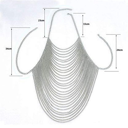 CHRAN Multi-Layer Body Chain Necklace, Gold Metal Chain Halter Top Jewelry, Sexy Chest Chain Accessory for Women - color: silver