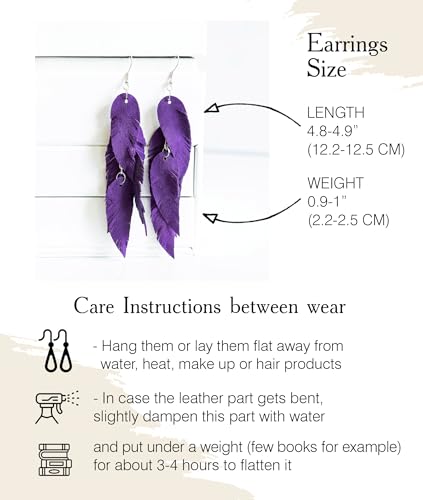 Leather Feather Earrings, Suede layered earrings, boho wedding jewelry, summer earrings, gift for her, dangle earrings - color: purple