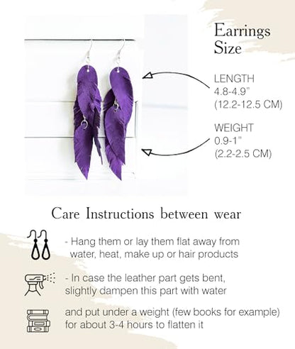 Leather Feather Earrings, Suede layered earrings, boho wedding jewelry, summer earrings, gift for her, dangle earrings - color: purple