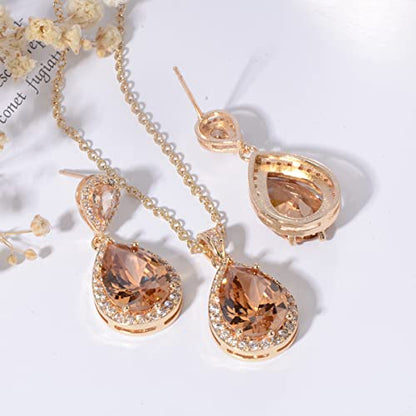 Bridal Jewelry Set for Wedding - 18k Plated Teardrop CZ Crystal Cubic Zirconia Rhinestone Necklace Earrings Set for Bride Bridesmaids Mother of Bride Party Prom Birthstone Costume Jewelry - color: Nov-Citrine