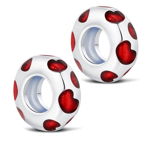 KEQ Clip Spacer Charm for Bracelet 925 Silver Pave Cubic Zirconia Clip Lock Stopper Bead Spacer For Women Bracelets Stopper Birthday Gifts European Openable Beads 2pcs - color: Red Heart