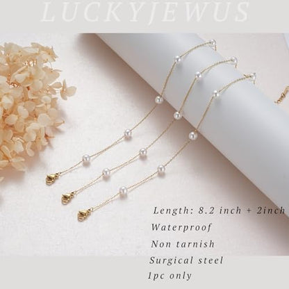 14k Gold Plated Pearl Ankle Bracelets for Women, Dainty Waterproof Anklets