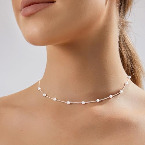 Zeffy Pearl Necklace 4MM/6MM/8MM Dainty Round Imitation Pearl Choker Necklace Wedding Pearl Necklace Delicate Jewelry for Women Simple Bridesmaid Jewelry Gifts - style: 4mm Silver Satellite Pearl Necklace(14"+2")