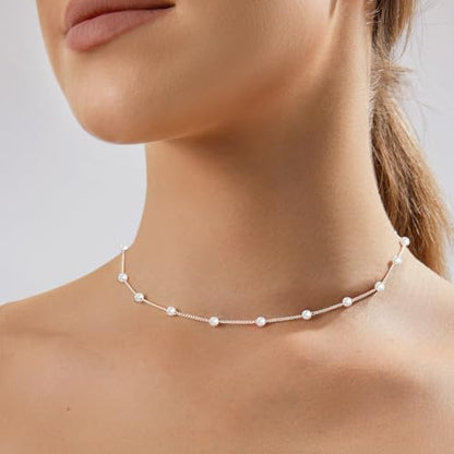 Zeffy Pearl Necklace 4MM/6MM/8MM Dainty Round Imitation Pearl Choker Necklace Wedding Pearl Necklace Delicate Jewelry for Women Simple Bridesmaid Jewelry Gifts - style: 4mm Silver Satellite Pearl Necklace(14"+2")