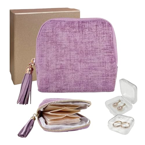Small Travel Jewelry Case with Earring Box Mini Jewelry Case | 6-Layer Portable Chenille Travel Jewelry Organizer Pouch for Bangle Necklace Earrings Bracelet, Gifts for Women, Light Purple - color: Light Purple