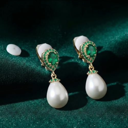 Mariell Pearl Bridal Wedding Drop Earrings with CZ Crystals for Brides, Bridesmaids, Birthday Gift - color: Gold Clip On - Green Cubic Zirconia