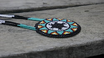 Handmade Native American Style Tribal ethnic Seed Bead Beaded Layered Medallion Necklace - color: Turtle - Turquoise