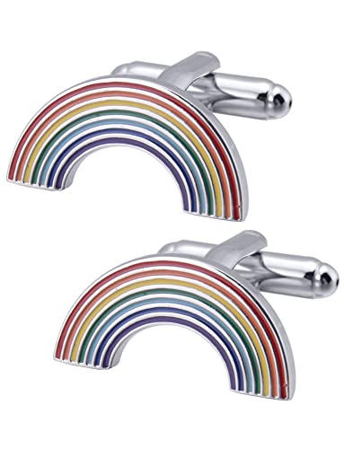 Curve Colorful Rainbow Cufflinks for Men Lady Shirt in Gift Box | Classic Cute Tuxedo French Shirt Cuff Links for Wedding Party Daily Office Formal or Casual Wear Business Tuxedo Dress