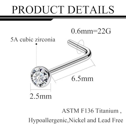 ASTM F136 Titanium Nose Rings 18G 20G 22G Jeweled Clear Cubic Zirconia Nose Studs Ring Screw L-Shaped Bone Hypoallergenic Body Piercing Jewelry for Women 1.5mm 2mm 2.5mm 3mm 10PCS - style: L-Shaped:22G(0.6mm)-2.5mm CZ